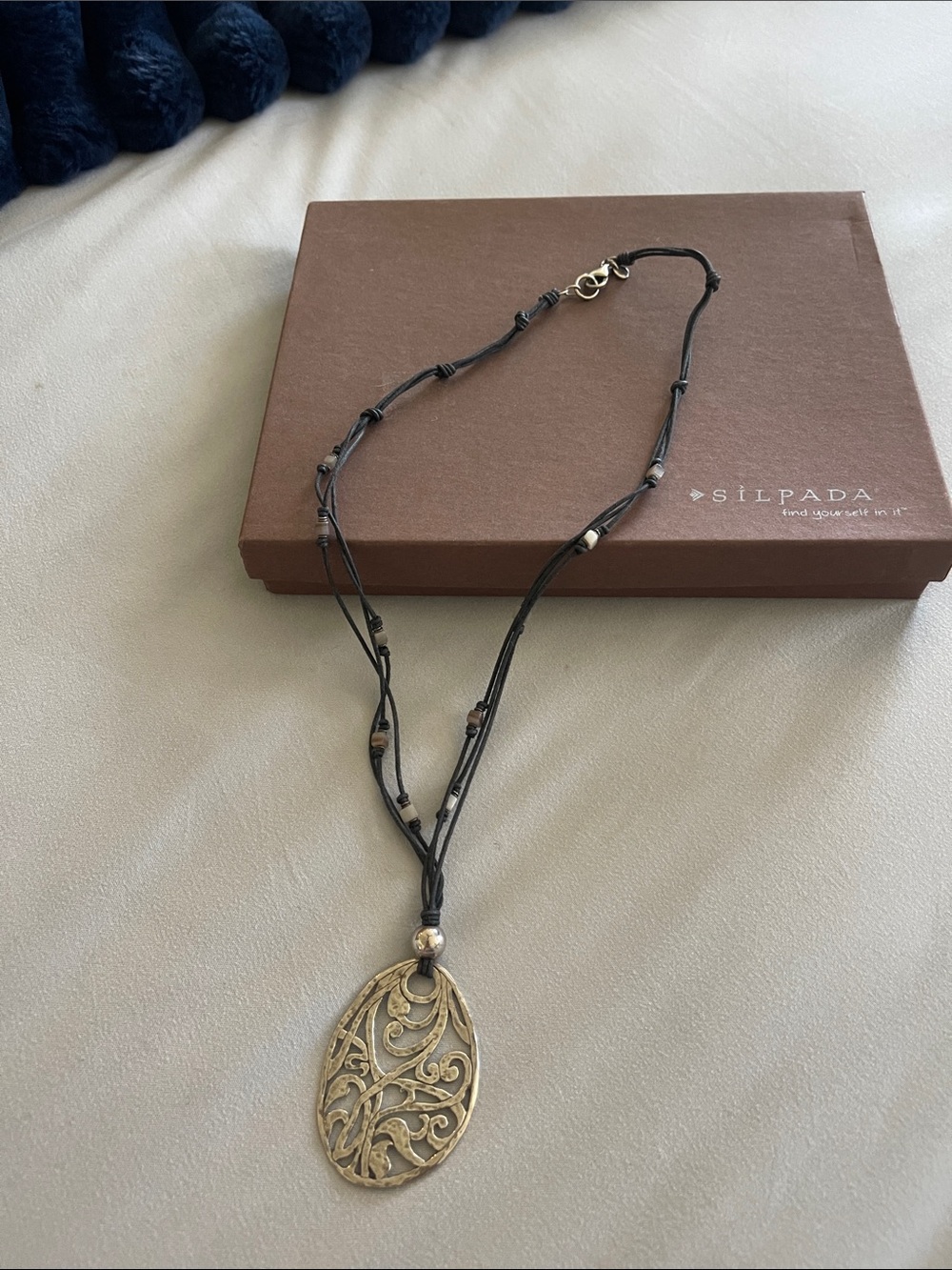 Silpada Black Cord Necklace with silver Filigree Oval Pendant